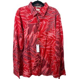 Te Aito Tahiti Red Leaf Button-Up Shirt Extra Large XL Long Sleeve Collar New